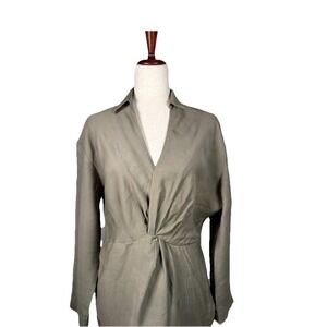 By Anthropologie V-Neck Knot Front Midi Dress Olive 10 Classic Career Minimalist